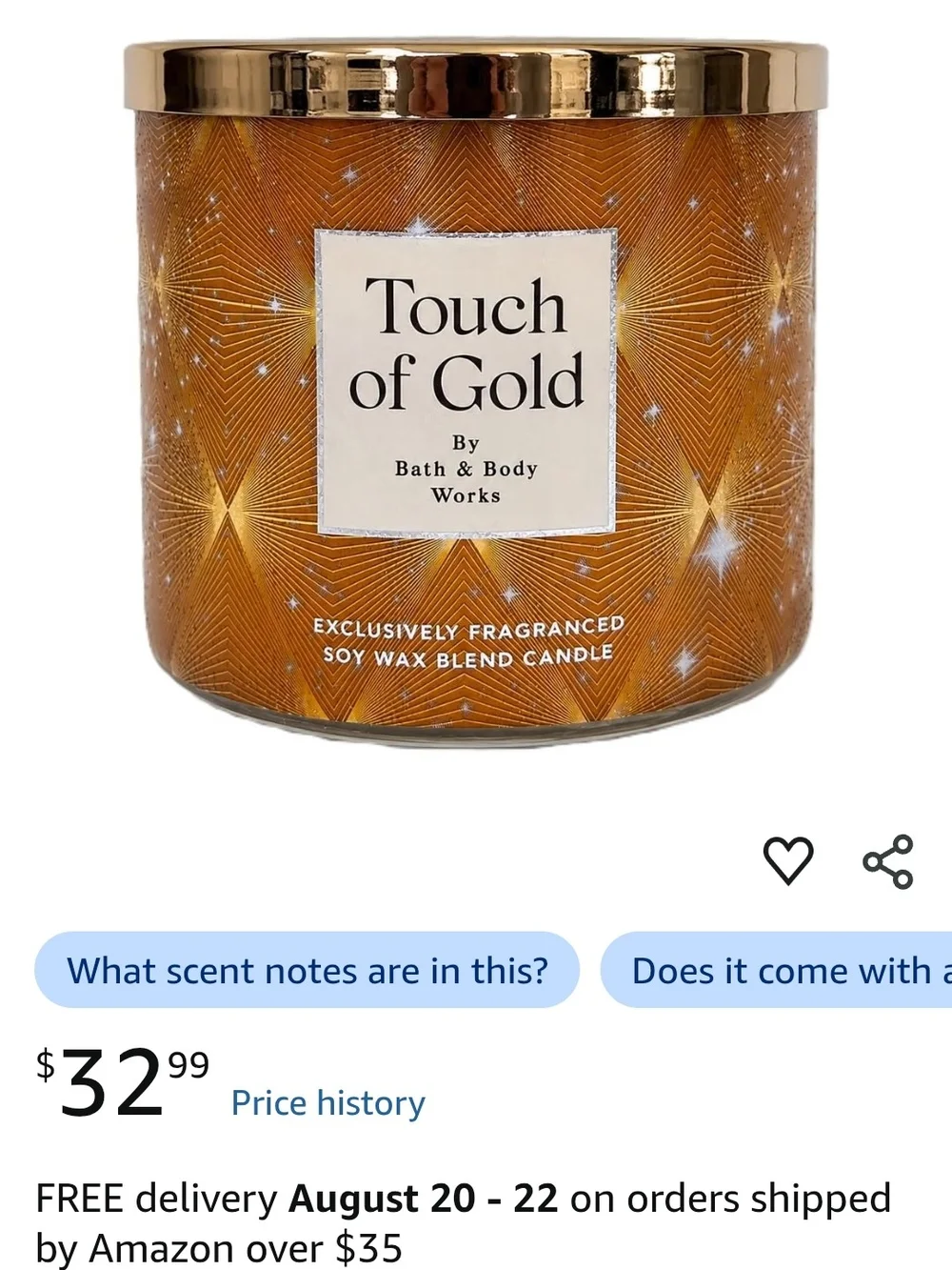 Bath & Body Works Touch of Gold Candle - Gold